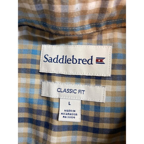 Saddlebred Plaid Button Up Shirt L Blue Tan Classic Y2K Workwear Casual Preppy - Picture 3 of 6